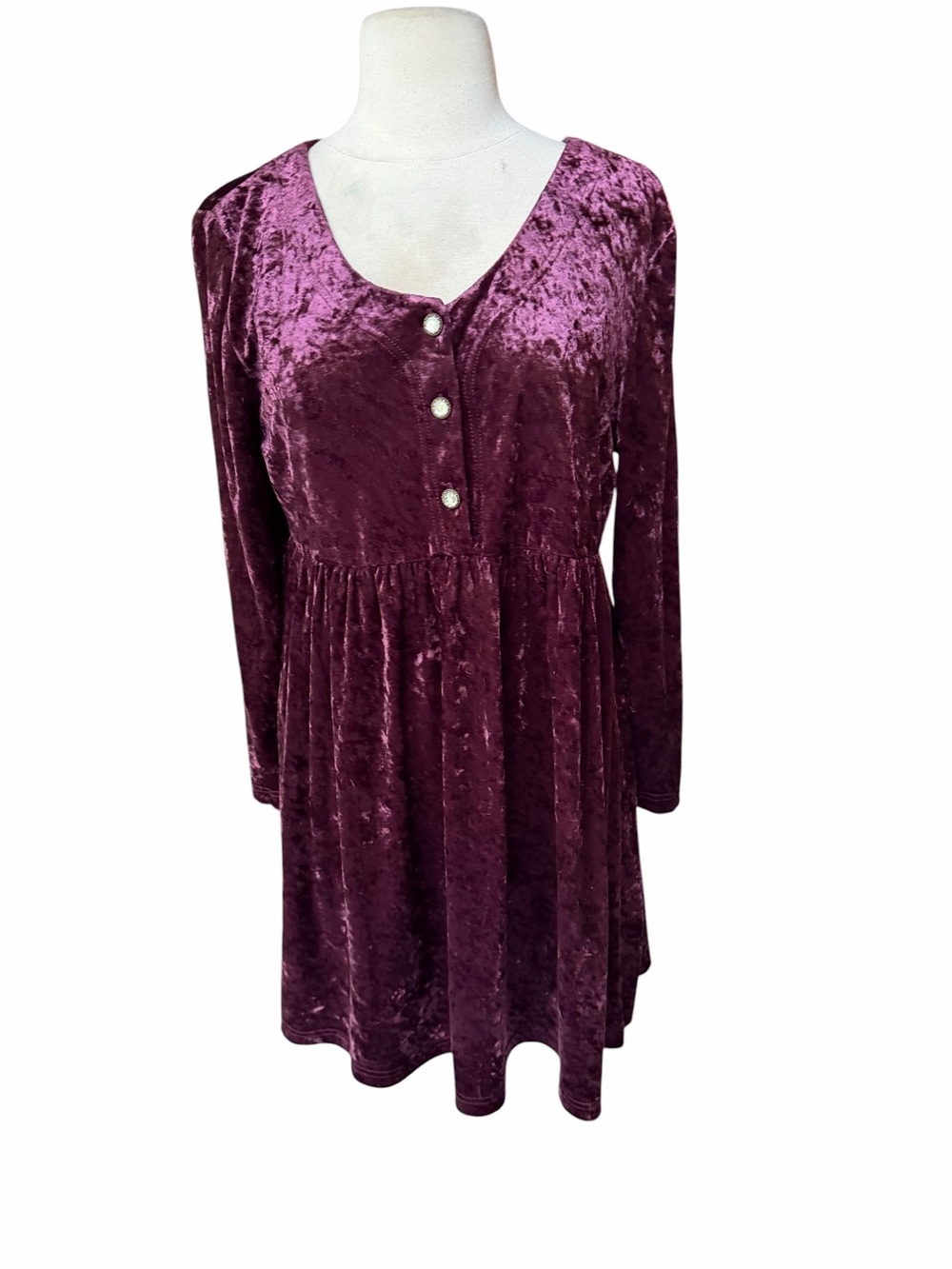 1990s All That Jazz Plum Crushed Velvet Scoop V-Neckline Mini Babydoll Dress